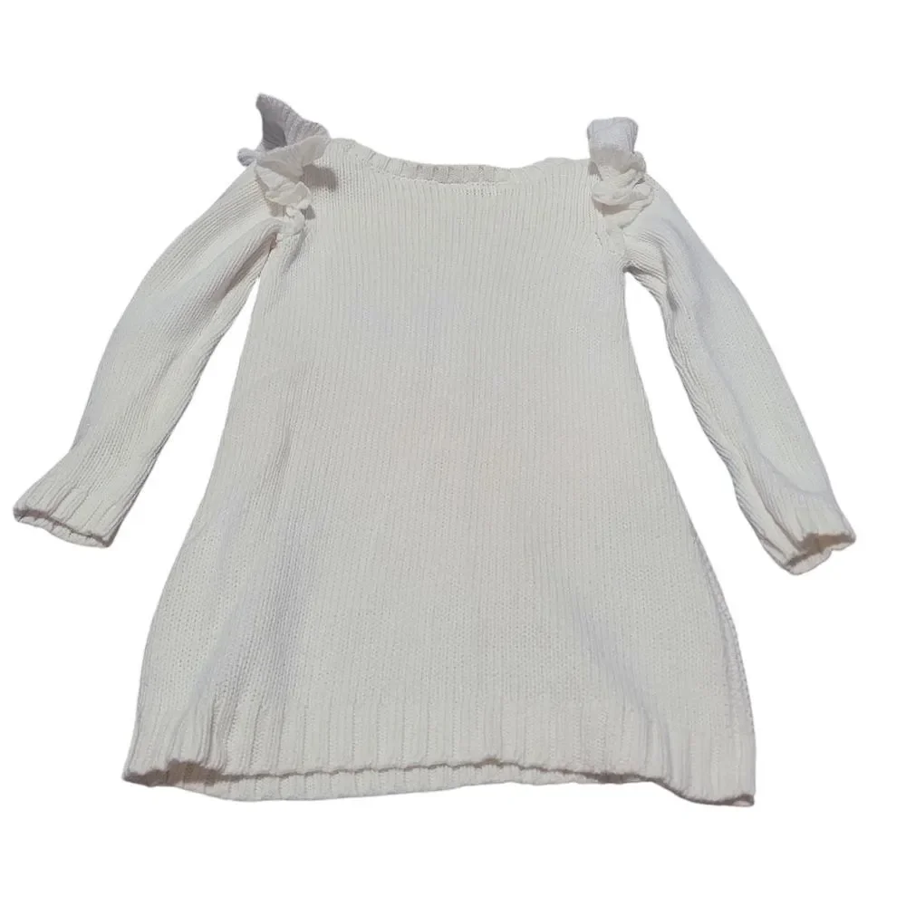 Classic cream cableknit sweater dress with ruffle on shoulder